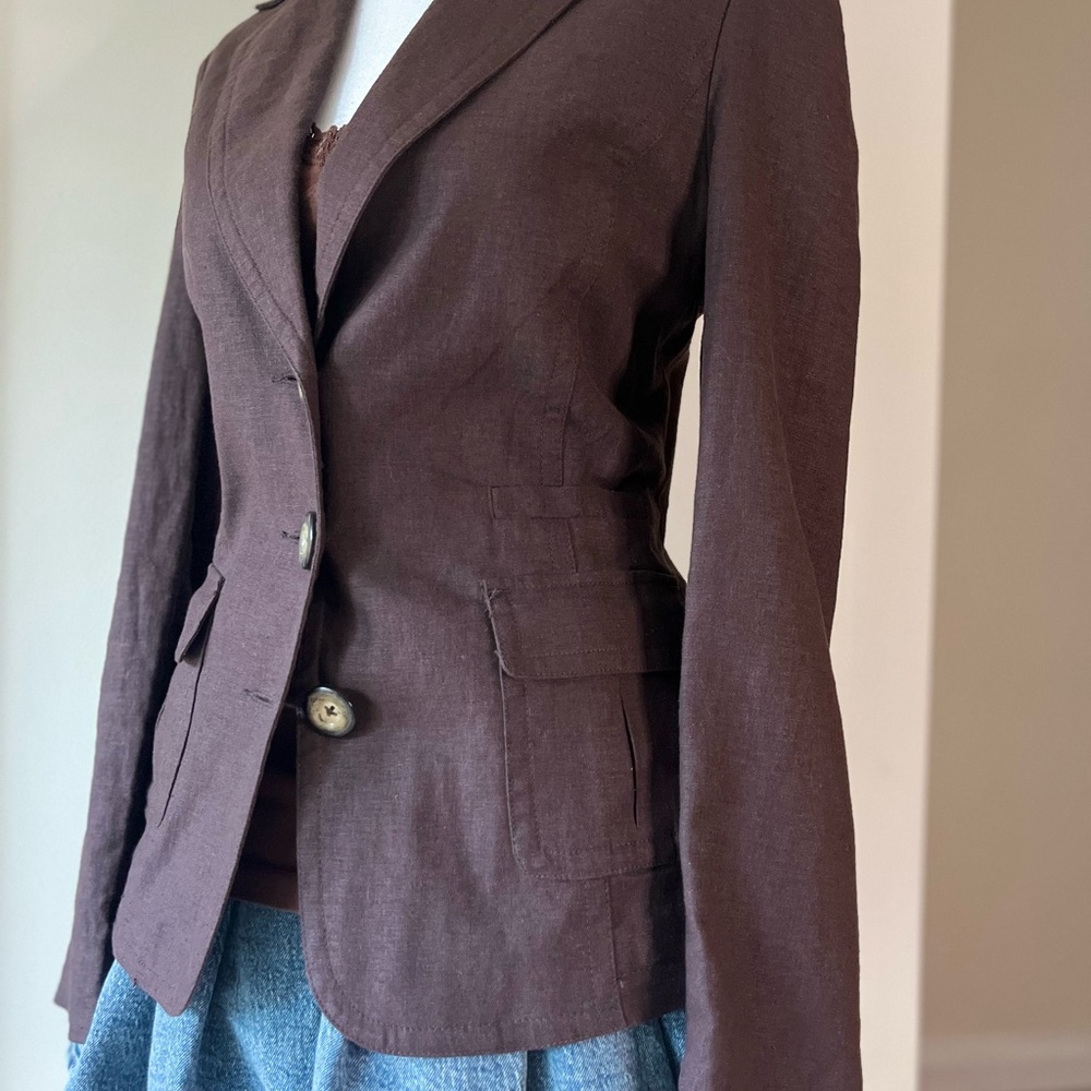 Vintage 2000s Designer Max Azria Euro Minimalist Brown Linen Blazer Jacket S - Picture 7 of 11